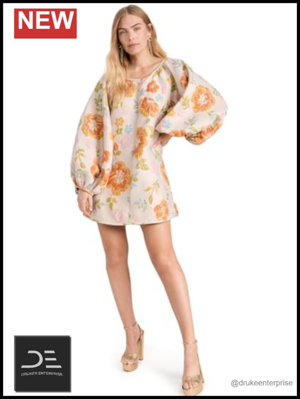 A-Line Floral Jacquard Puff Sleeve Mini Dress Loose Fit